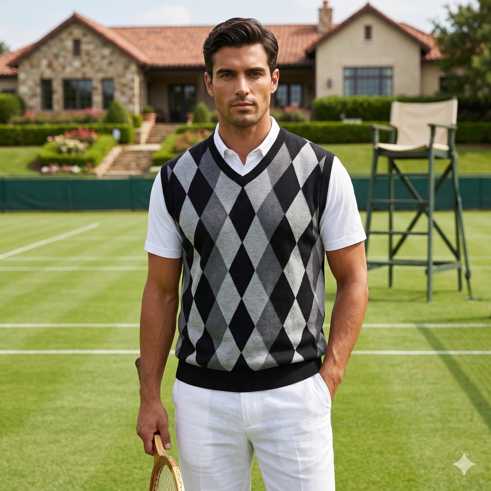 Paul Jones Men's Black Grey Argyle Knit V-Neck Preppy Sweater Vest Size 2XL